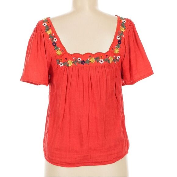 Sézane Bea Blouse Cherry Red Embroidered Sqaure Neckline French Girl Boxy Top - Picture 6 of 10